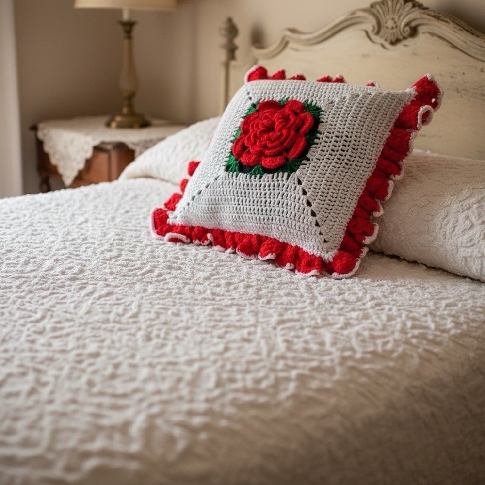 VTG Hand Crocheted Granny Square Pillow 20" Red Rose Floral Cottagecore Boho